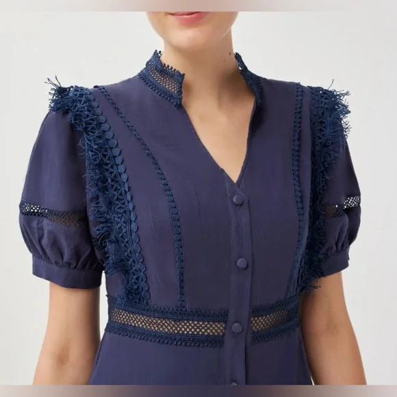 Navy Blue Lace Trim Dress - Picture 2 of 15